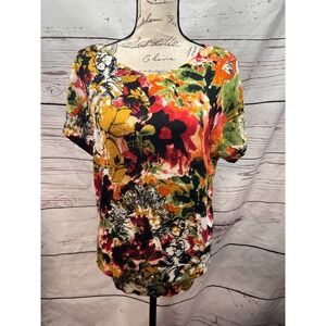 Joseph A Womens Small Abstract Floral Knit Top Short Sleeve Button Shoulder